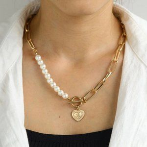 Gold Heart Pendant with White Pearls Necklace